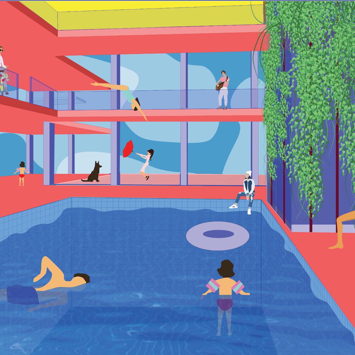 Illustration of a poolside scene.