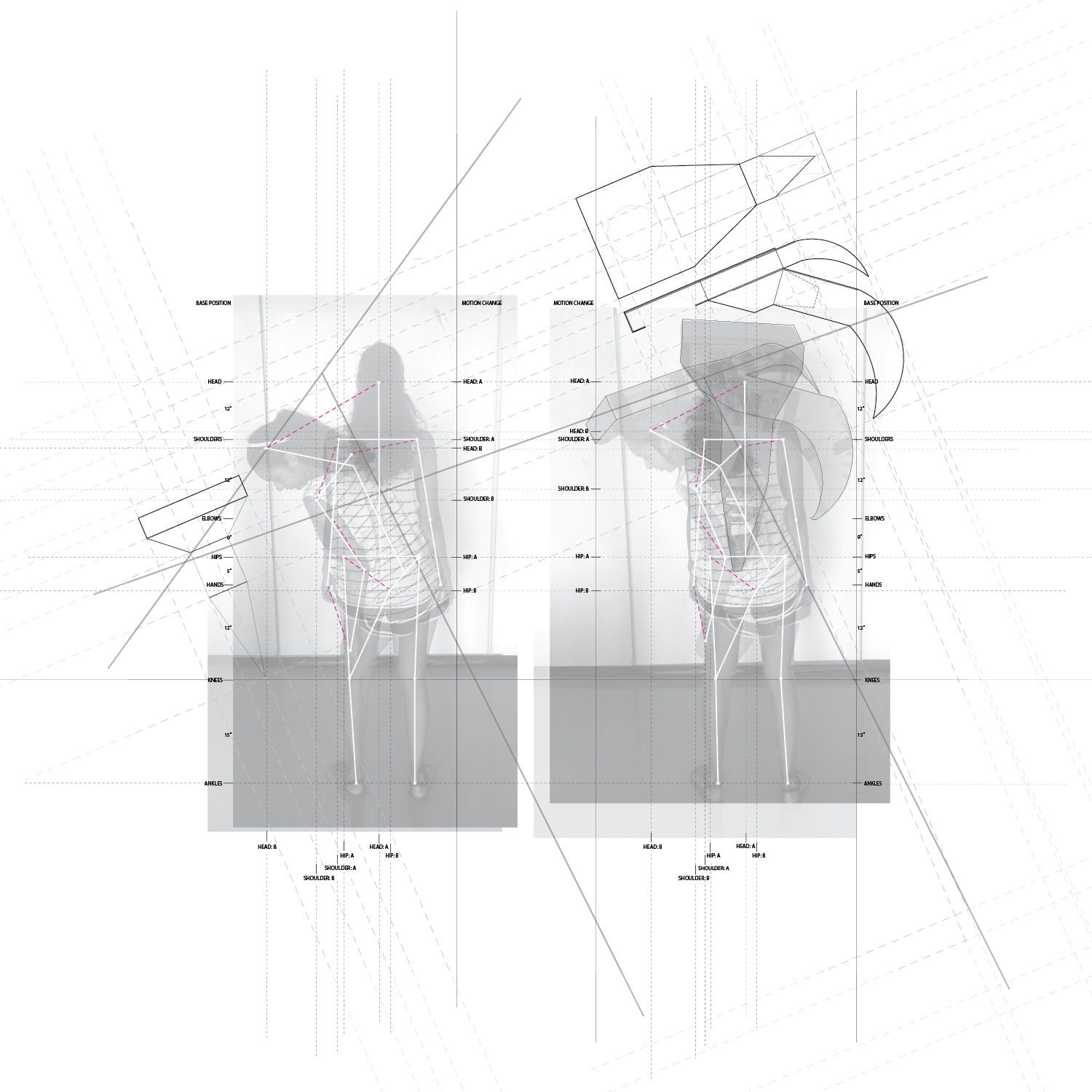 Double exposure skeletal wireframe drawing.