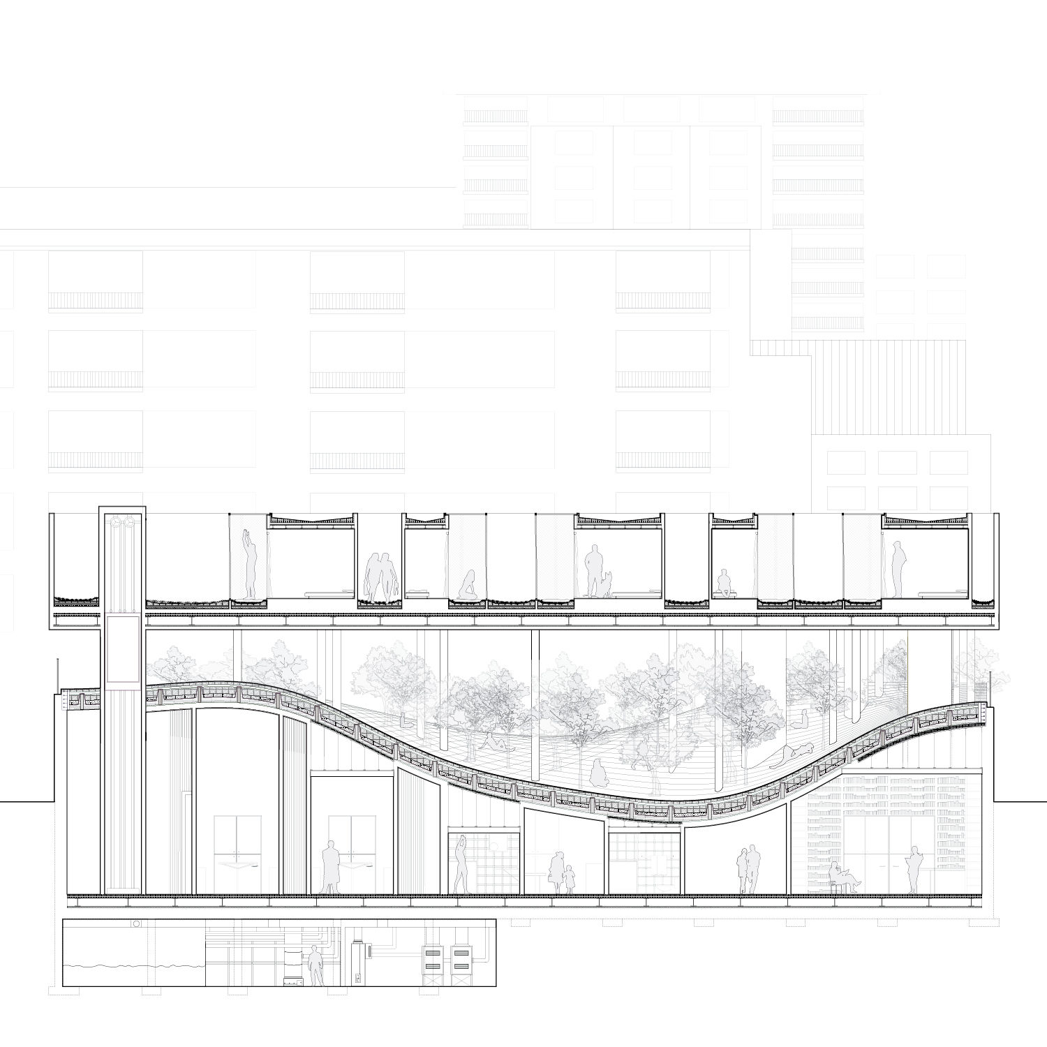 Side view building landscaping sketch.