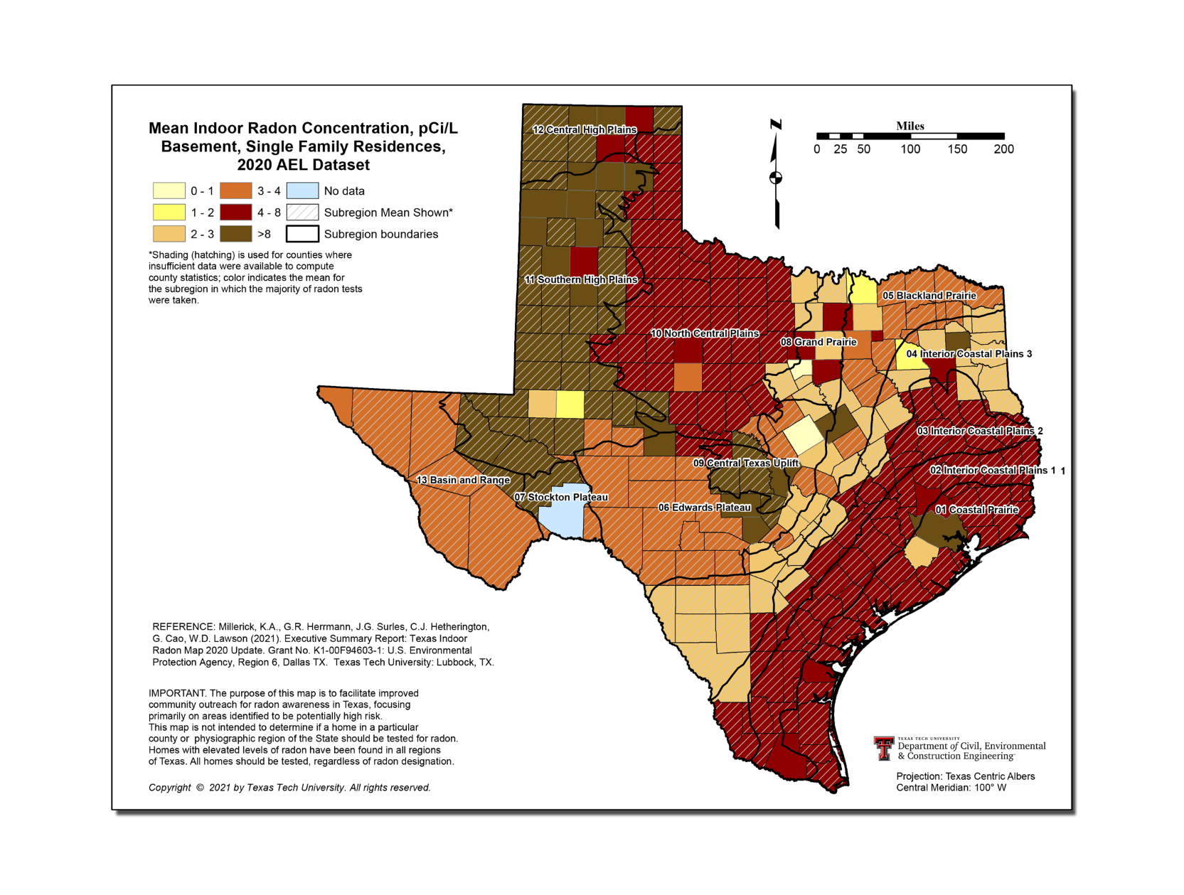 Texas Radon Group's, Millerick and Lawson 2020 updated basement radon gas risk level radon zones Texas
