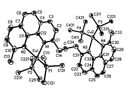 Crystal structure of [(PPh3)2Cu(dmp)-O-(dmp)Cu(PPh3)2]2+ (dmp = 2,9-dimethyl-1,10-phenanthroline)