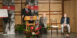 Tom Mathiasmeier, ConocoPhillips president, North America Gas & Power, and Texas Tech alumnus, announces a $1 million gift.