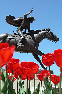 Masked Rider statue outside of Frazier Alumni Pavilion at Texas Tech
