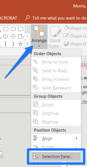 In the Home Tab of Microsoft PowerPoint arrow indicating to click on Arrange and red box surrounding 'Selection Pane'.