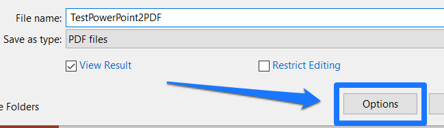 In the Save As window, an arrow pointing to the Options button