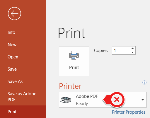 Print As PDF screen in Microsoft with X pointing to the Print As PDF option