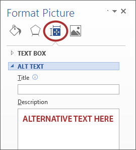 Format Picture Sidebar in Word 2013 with circle around the "Layout & Properties" and the words "Add description here" in the Description box