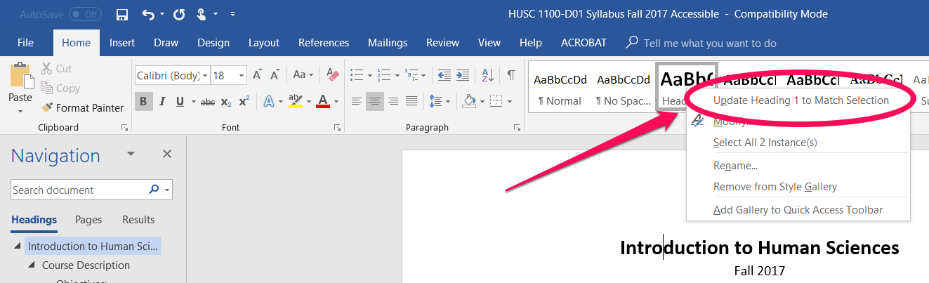 Home tab in Microsoft Word with arrow pointing to Heading 1 option "Update heading 1 to match selection"