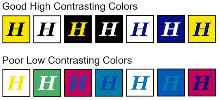 Image of examples of good high contrasting colors and poor low contrasting colors