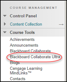 The Course Tools drop-down menu with the Blackboard Collaborate Ultra link circled in red.