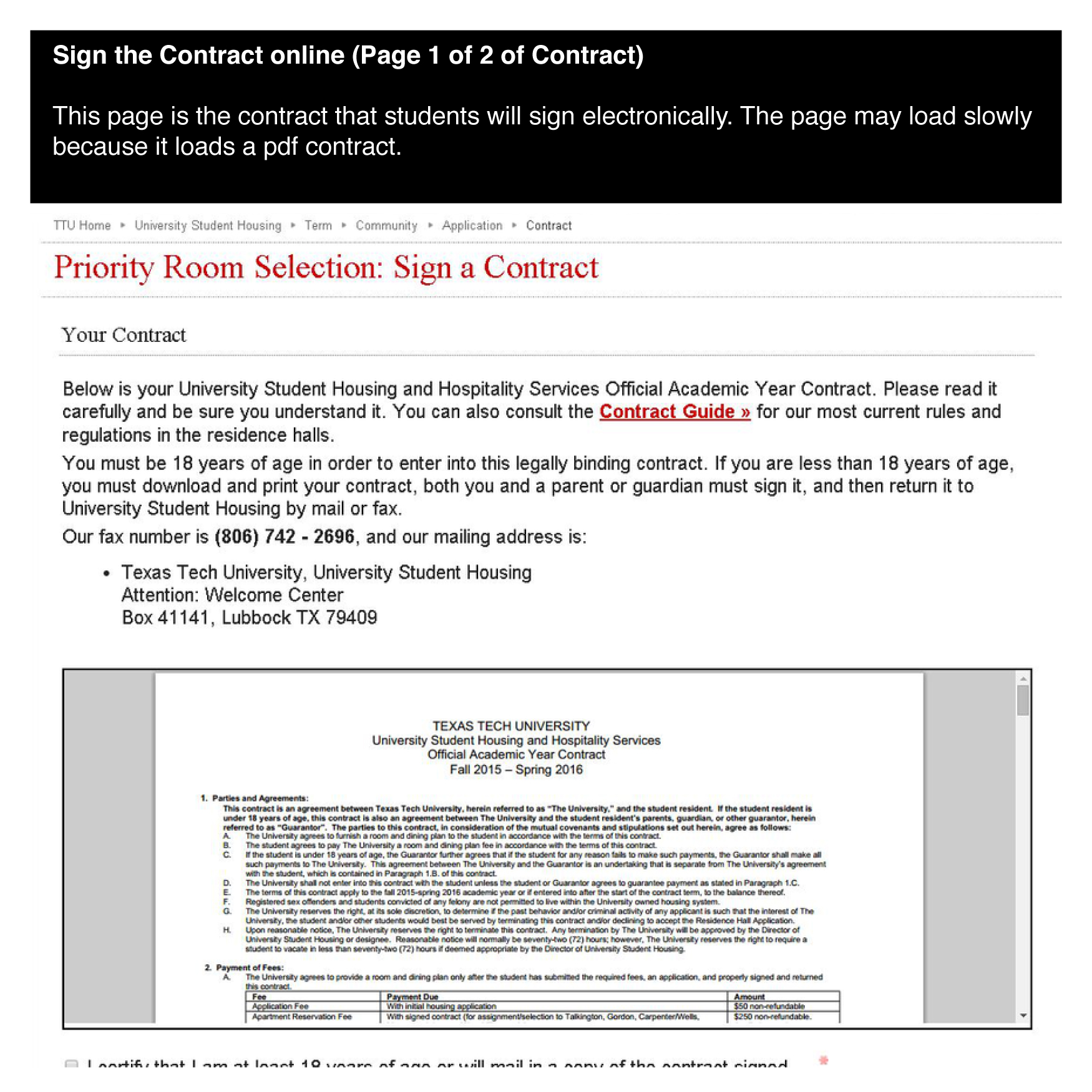 Sign the Contract online (Page 1 of 2 of Contract) This page is the contract that students will sign electronically. The page may load slowly because it loads a pdf contract.
