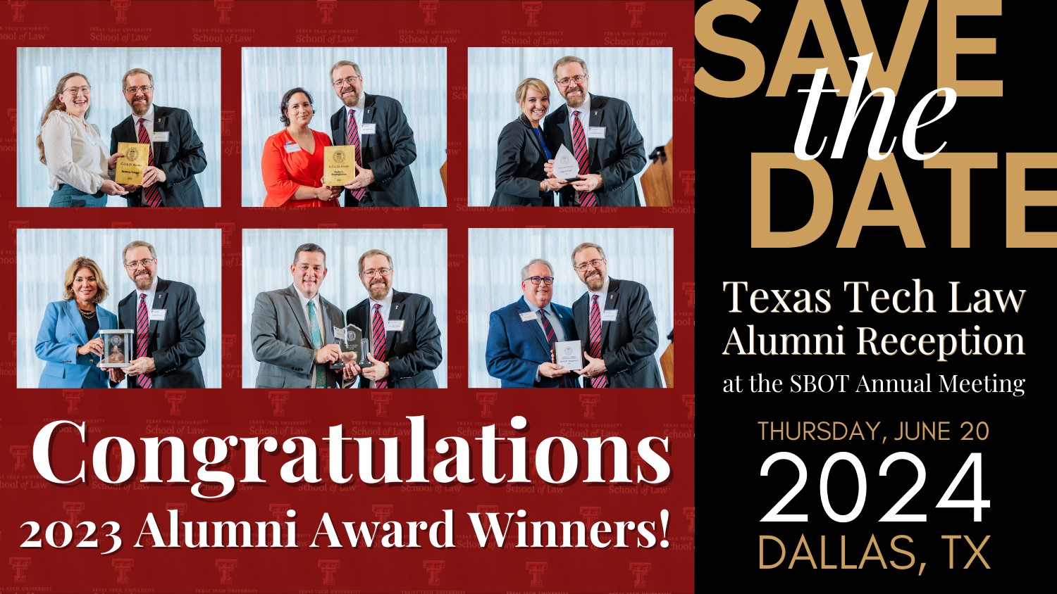 Don’t forget to save the date! The Alumni Association Awards will be presented on Thursday, June 22, 2024, during the Alumni Reception held in conjunction with the State of Bar Texas Annual Meeting.
