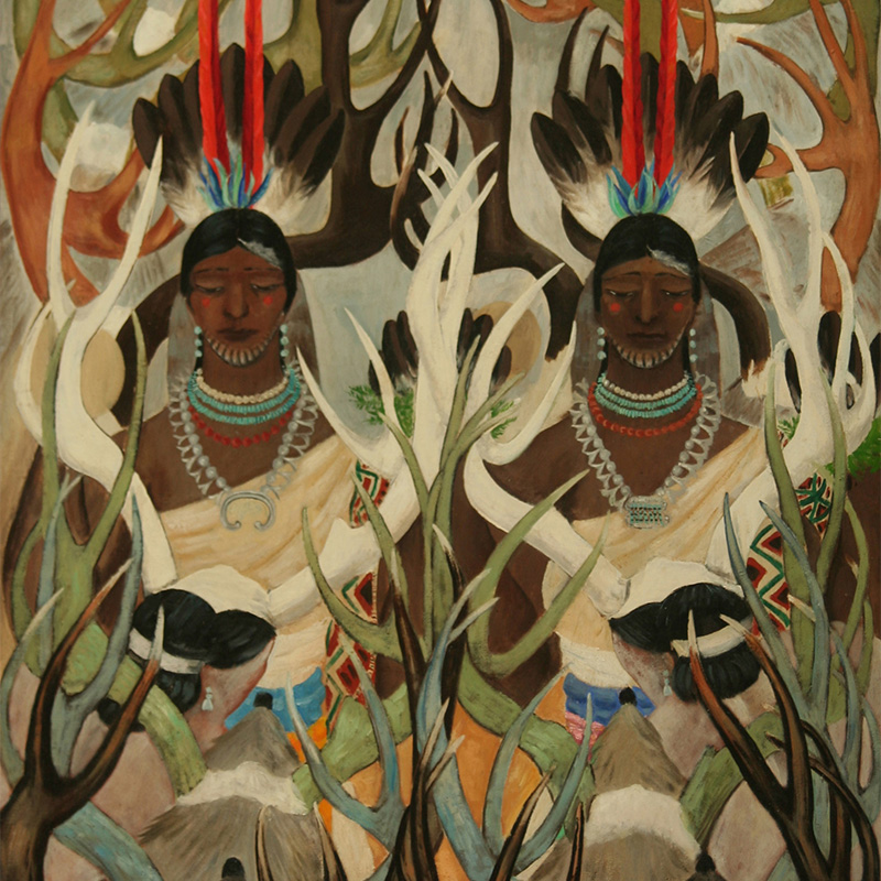 native american women surrounded by animal antlers and plants