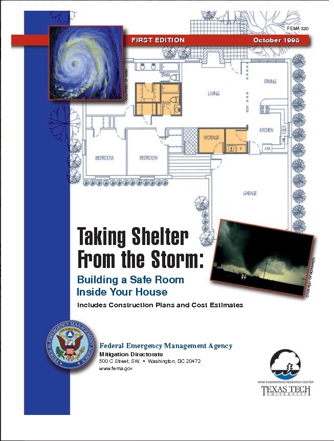fema 320 publication cover shows a house plan, tornado on the ground, and a hurricane as seen from above.