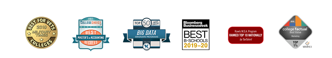 Rawls College of Business Ranked Best for Vets in 2019, Bloomberg Best Business Schools, Top 50 Best Value Big Data Graduate programs, College Choice Best Master's in Accounting, TaxTalent Top 10 M.S.A. Program. College Factual Best Value Marketing Program Top 1% Rawls College of Business ranking images