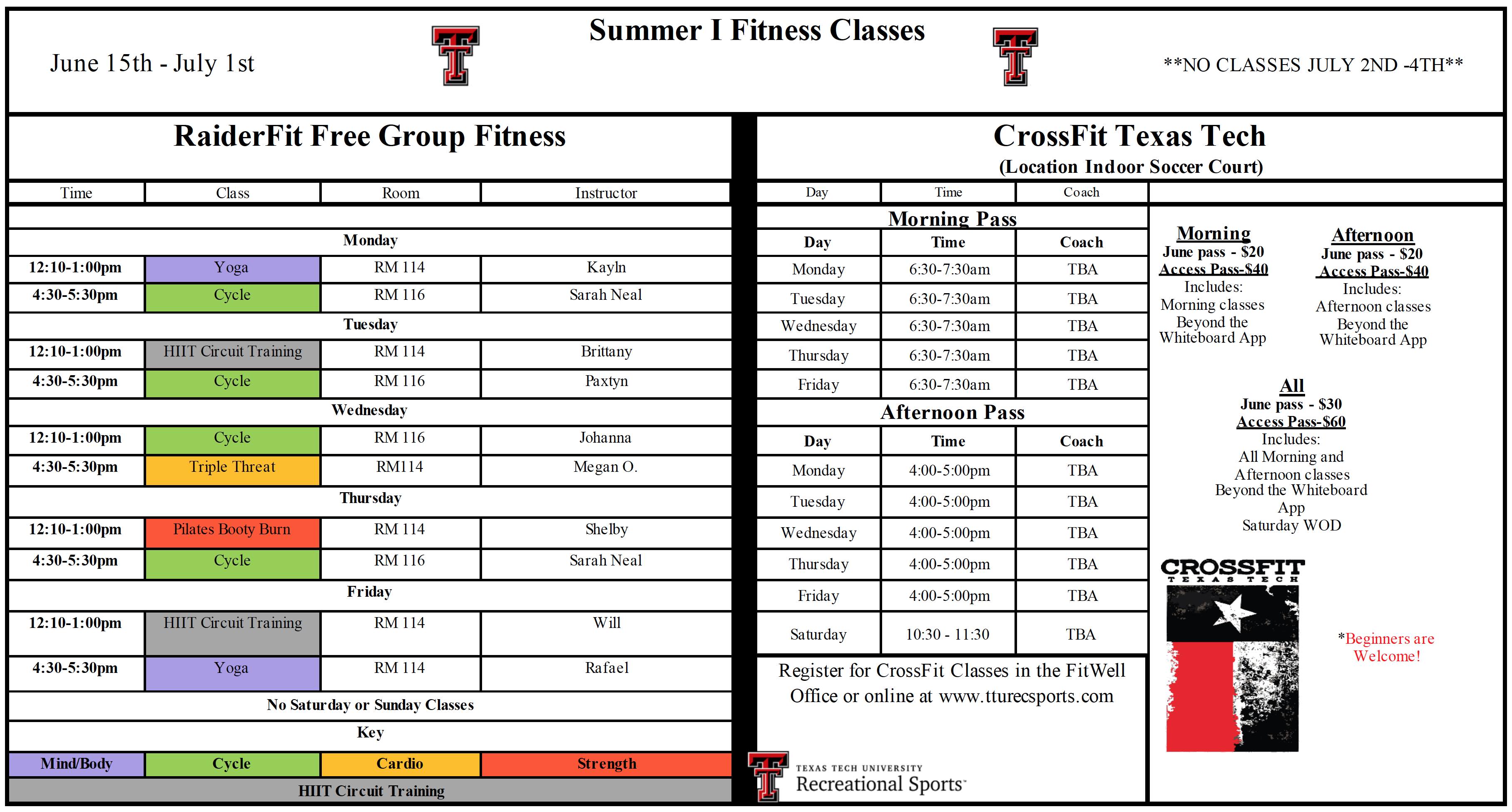 Class Schedule | Recreational Sports | TTU | Recreational Sports | TTU