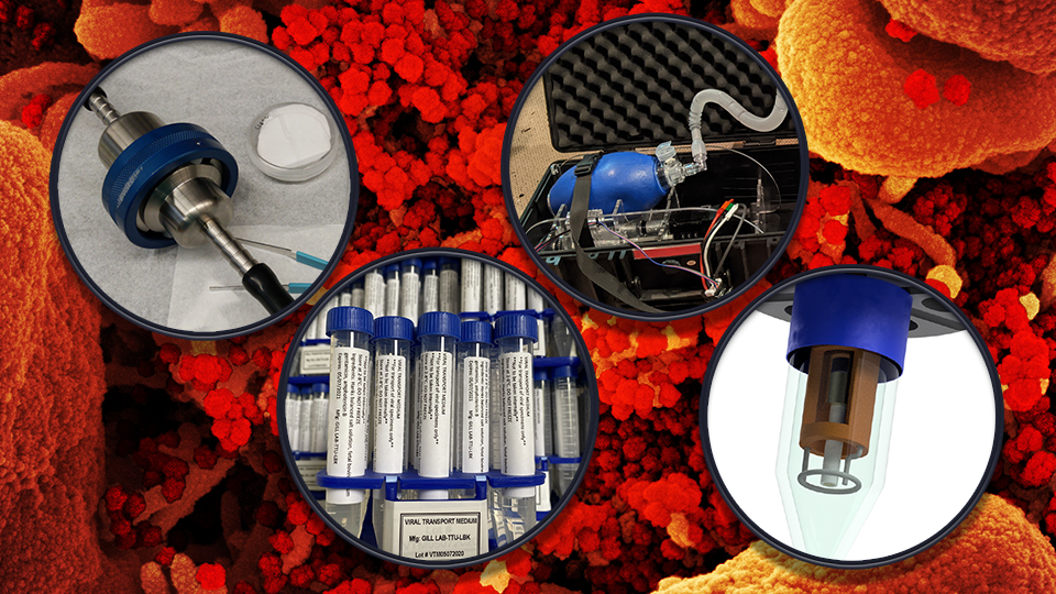 A collage featuring photos of mask testing instruments, viral transport media vials, paddle style ventilator unit, and a rendering of an ultra-fast sensor for COVID-19