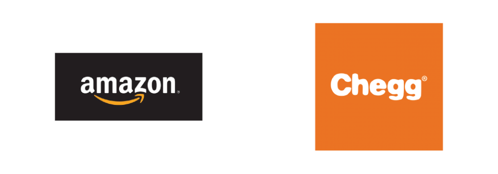 Amazon logo with black background white lettering and an orange curved arrow and Chegg Logo with orange background and white lettering