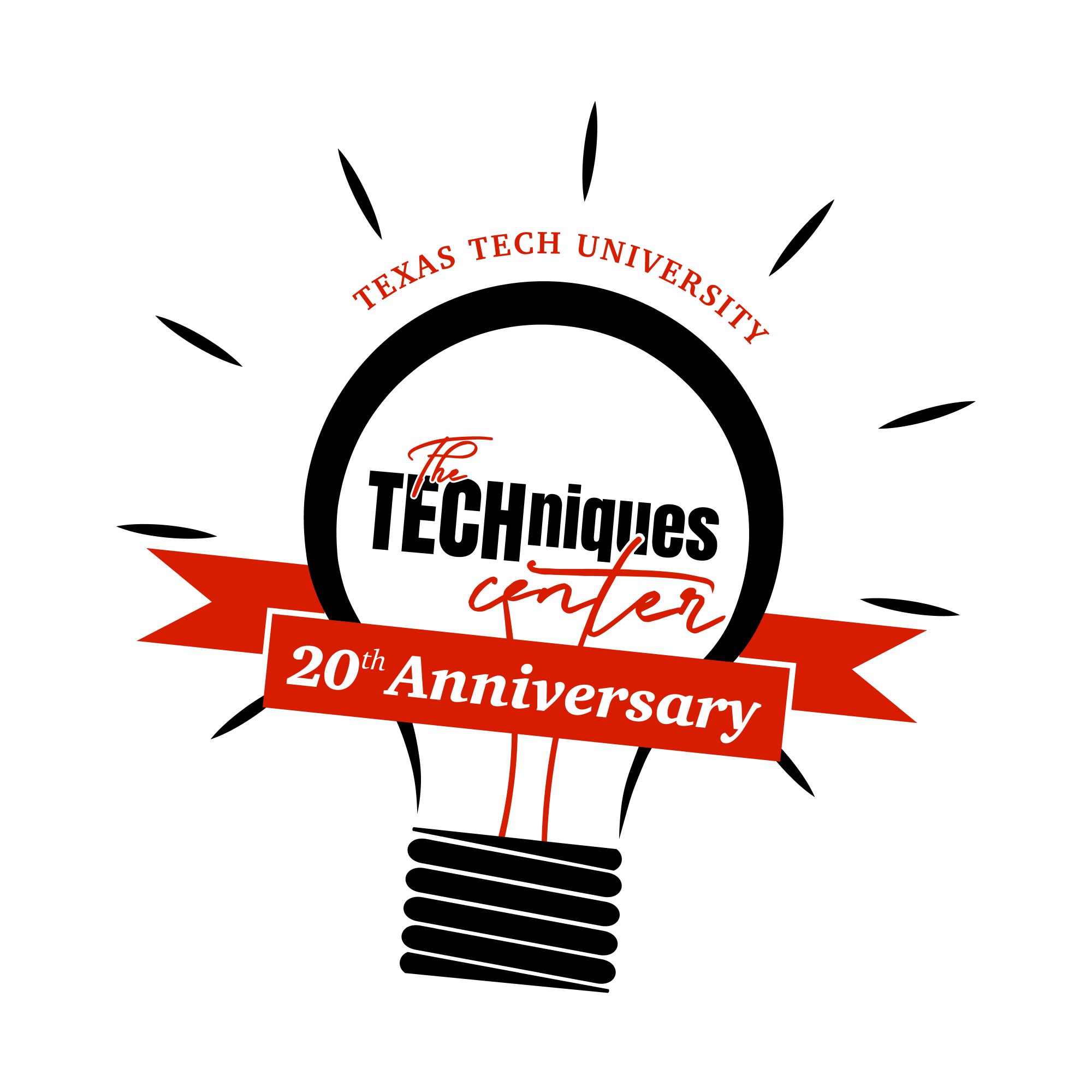 Clip art type light bulb logo with "The Techniques Center" as the support wires and tungsten filament, with a red ribbon around the bulb saying "20th Anniversary"