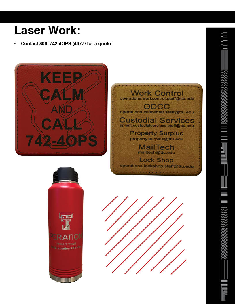 Laser and Leather etching Leather work and laser work on tumbler example is of a leather coaster showing the guns up hand with Keep calm and call 742-4ops and laser work on a red tumbler etched with the Operations double T logo