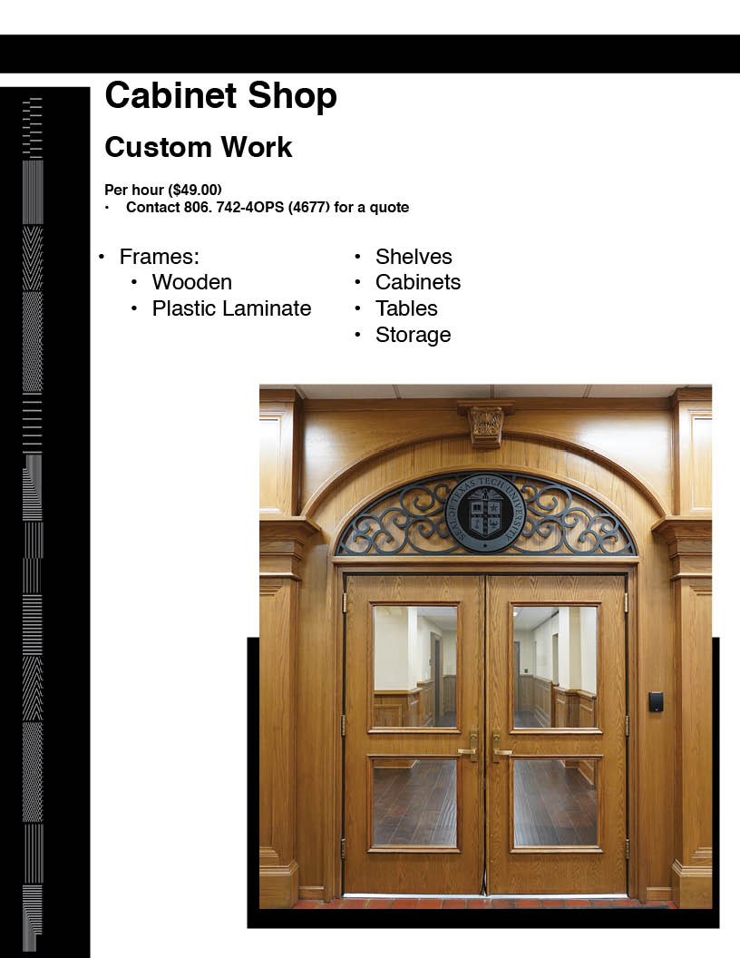 Cabinet shop wooden door Wooden doors with four pane glass and custom made metal swirl artwork above the door with the TTU Academic seal.