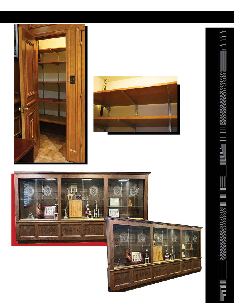 Cabinet Shop Display Case Cabinet shop showing closet and wooden shelves, large display cabinet lower third wood engraved words in each panel top glass cabinets for display.
