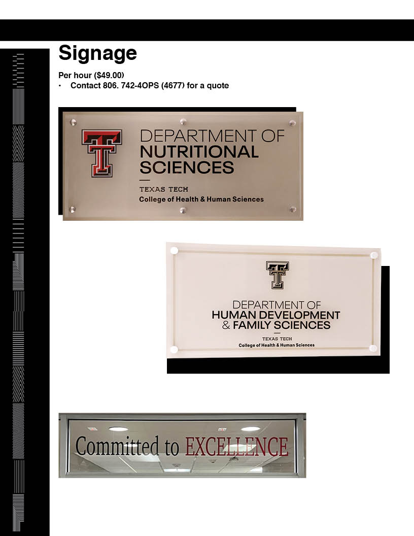 Page 3 Signage Three signs two signs on white frost glass background Department of Nutritional Sciences the second Department of Human Development & Family Sciences. Sign on clear clase Commited to EXCELLENCE.
