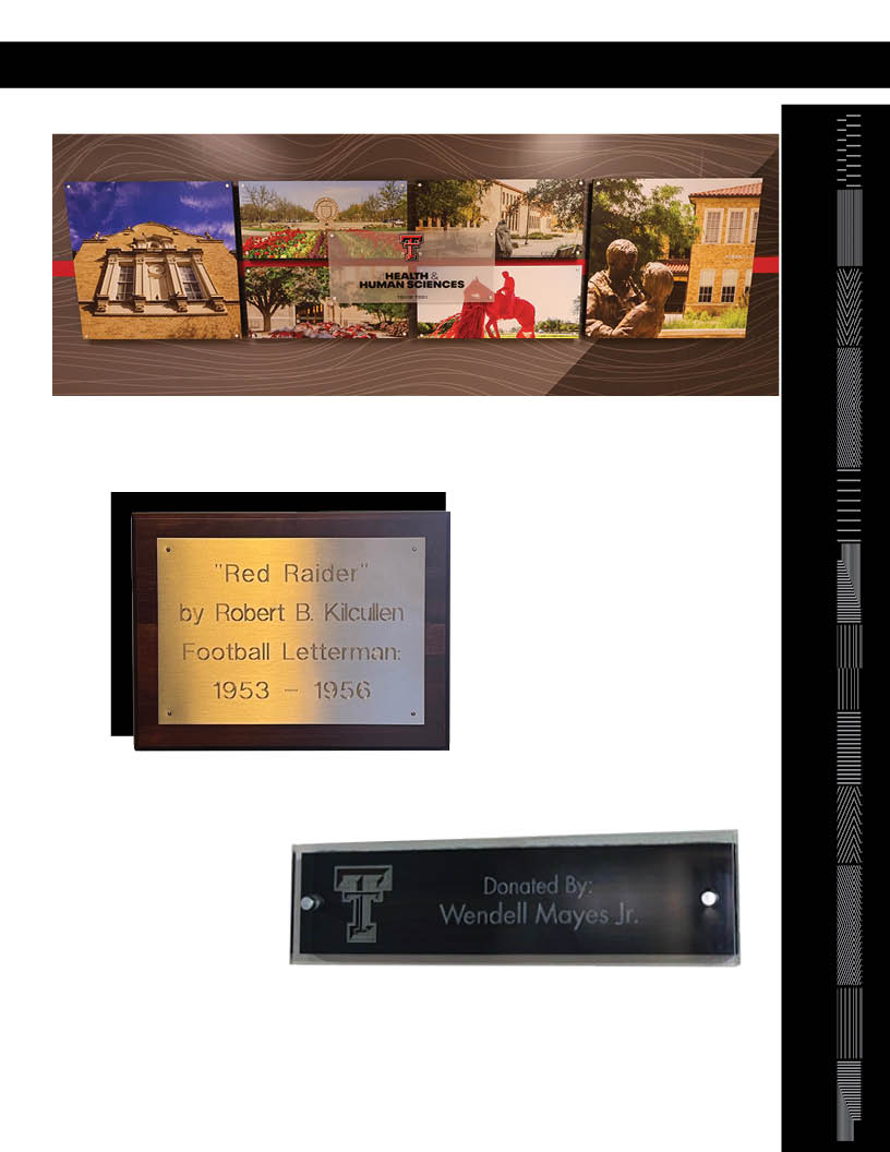 Page 4 Signage Wall art with a Health & Human Sciences frosted glass in the center, gold plaque etched writing "Red Raider by Robert B. Kilcullen Football Letterman: 1953-1956" Black background plaque white etched Double T Donated by Wendell Mayes Jr.