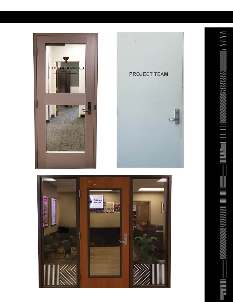Page 2 of door signage Door signage cost $49 per hour. Glass door Student Services word mark logo, Project Team decal on door,.