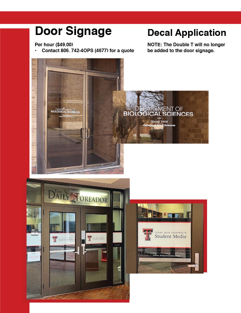 page 2 door signage clear glass with decal of white text of department. White band across glass with red border with department text.