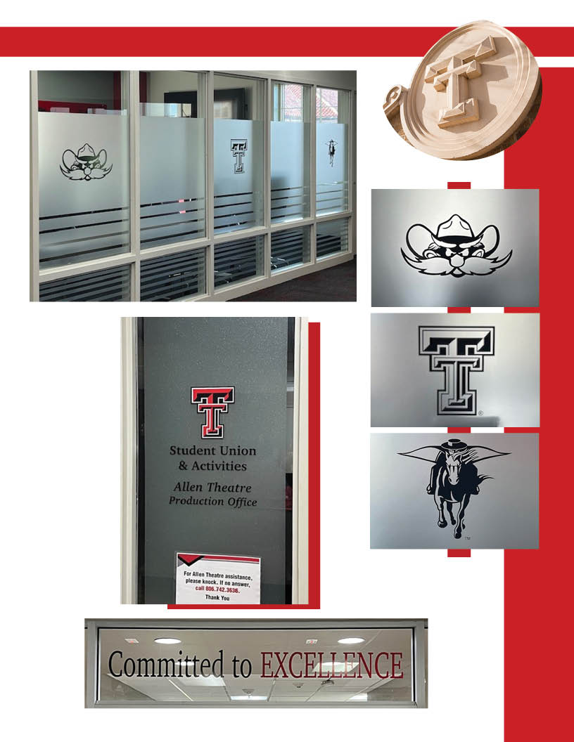 Frosted glass TTU logos on windows