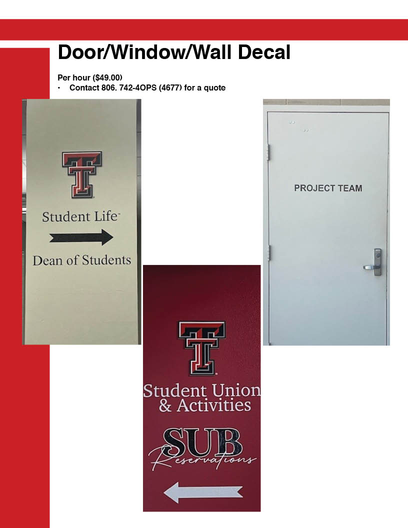 Different styles of decals that can be created for doors, windows and walls.