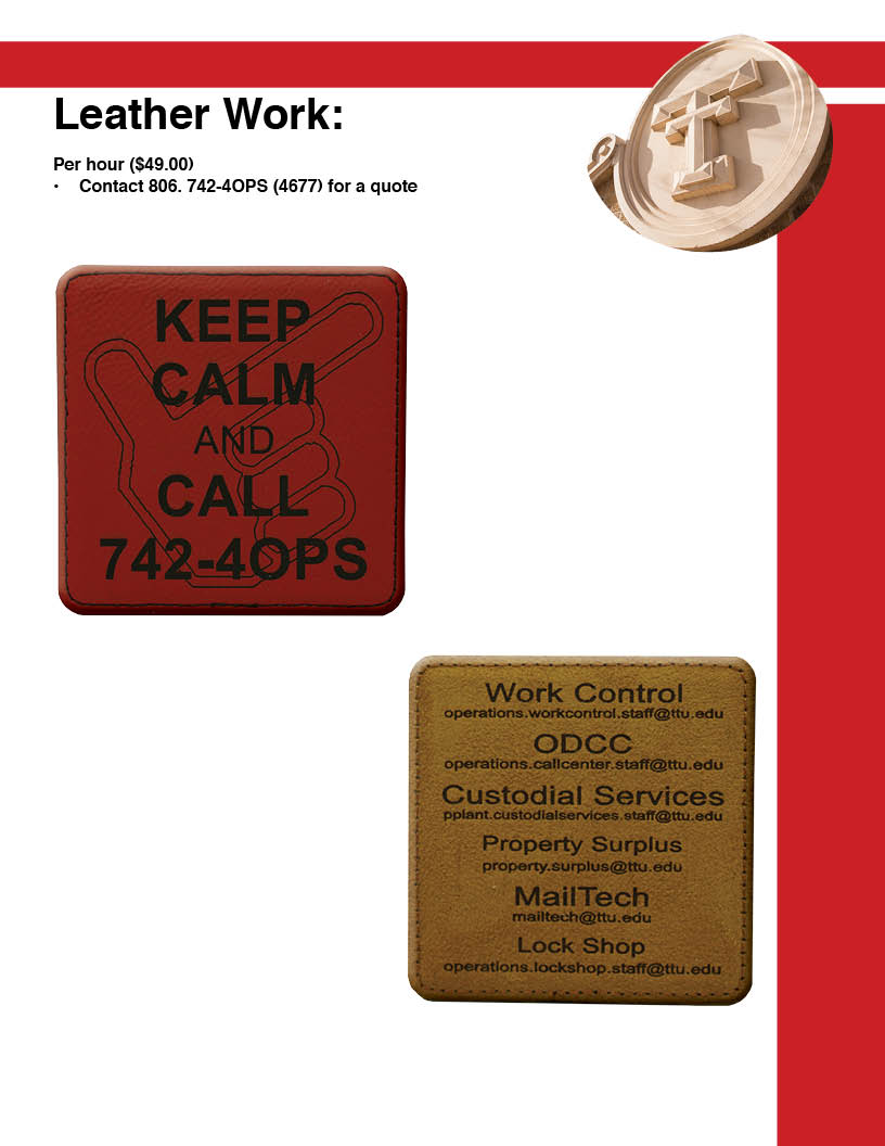 Leather work example is of a leather coaster showing the guns up hand with Keep calm and call 742-4ops
