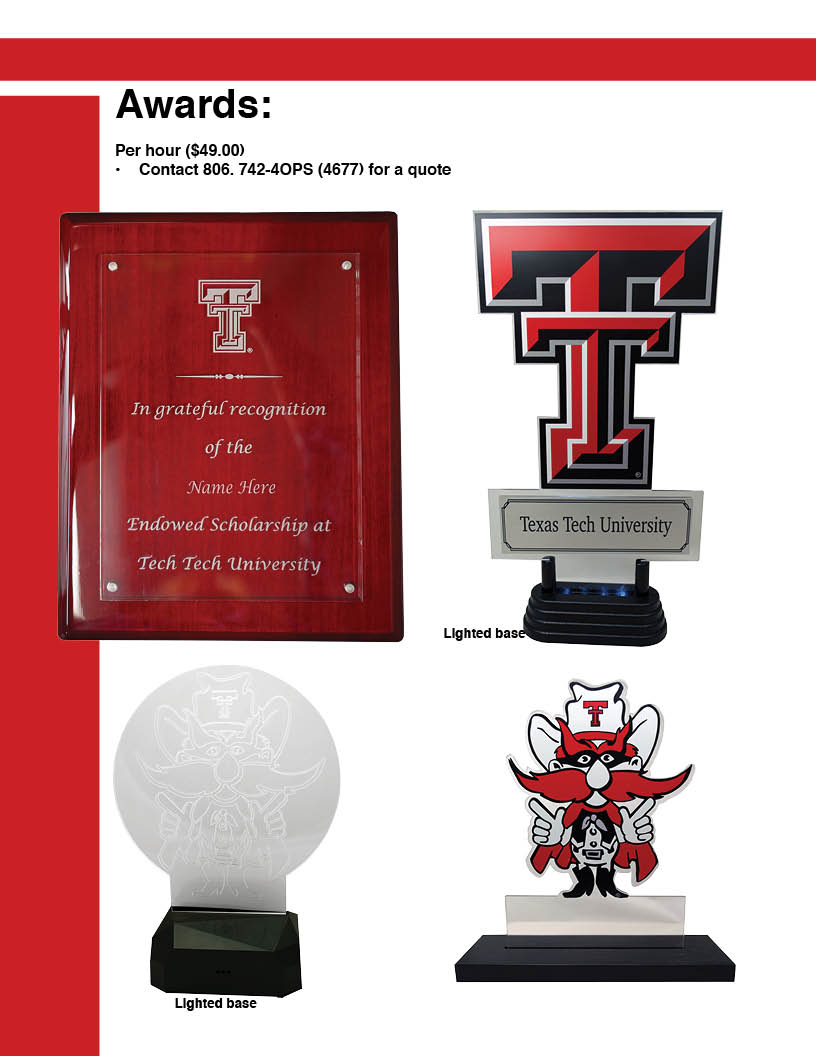 Awards plaques, double T, Frosted Raider Red lighted, awards with Raider red.
