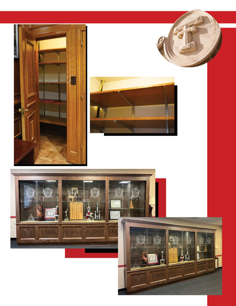 Cabinet shop showing closet and wooden shelves, large display cabinet lower third wood engraved words in each panel top glass cabinets for display.