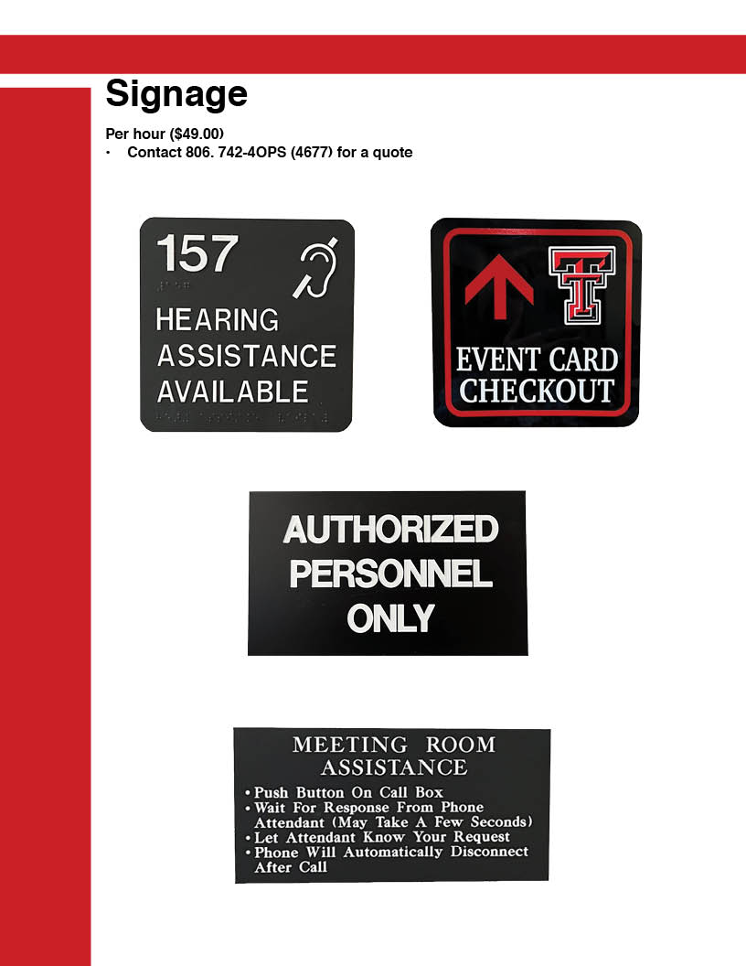 First page of Signage examples $49 per hour. Hearing assistance available, event card checkout with double T, Authorized personnel only and Meeting room assistance black background with white text.