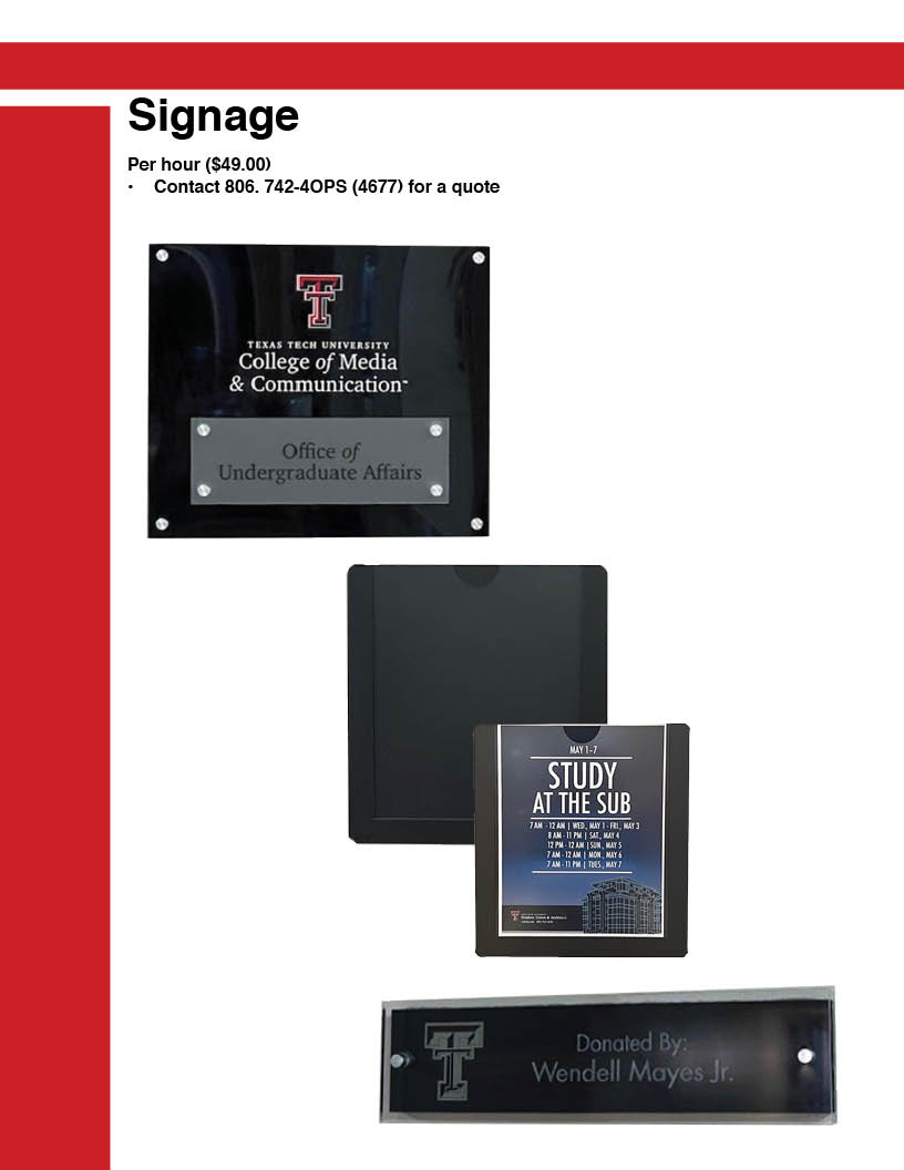 Page 3 of signage three examples, one that is a black glossy square, white text and a plaque attached, another where you can slip a piece of paper into it, retangle with a frosted double T and white name,