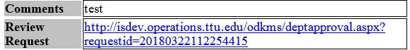 Comments says test and Review request has a link to review request