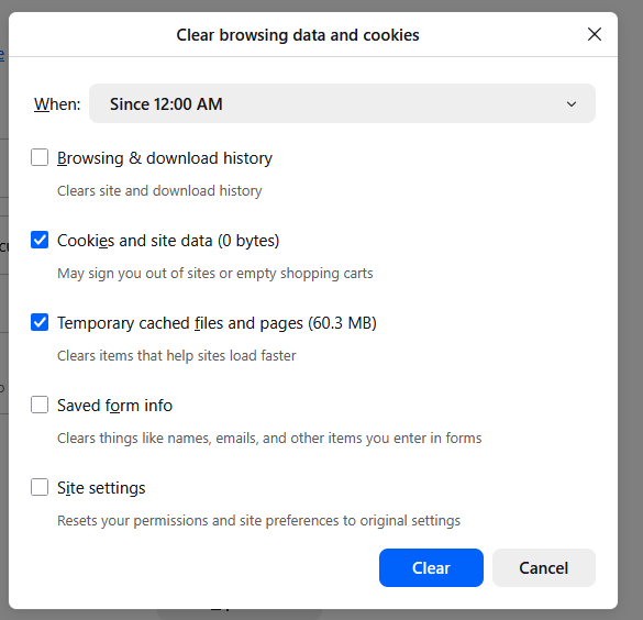 Clear browsing data and cookies pop up window to clear information