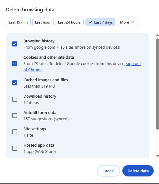 Delete browsing data pop up window