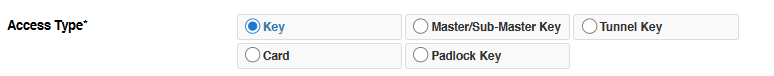 Access type Access type showing key, card, master-submaster key, padlock key and tunnel key to request