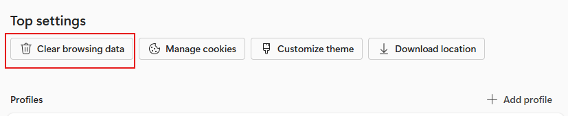 Top settings with four buttons, red box around clear browsing data.