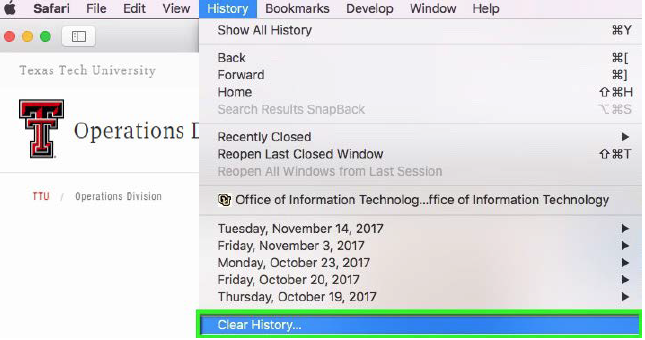 Drop-down menu History then clear history