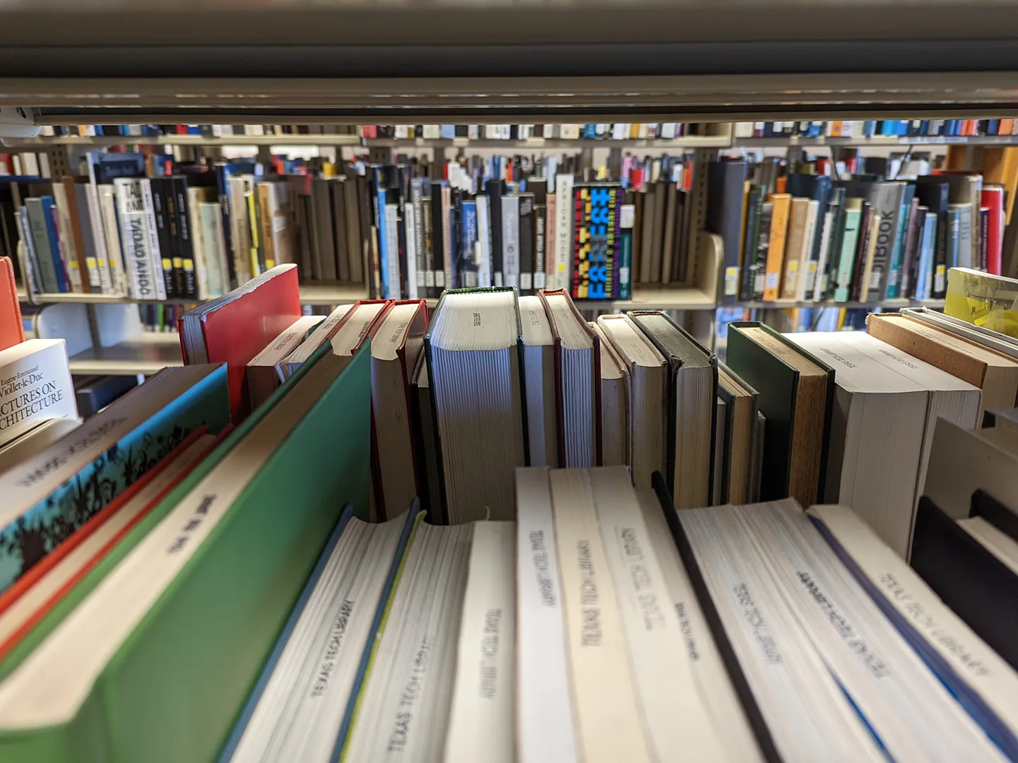 Stacks of books inside the library.