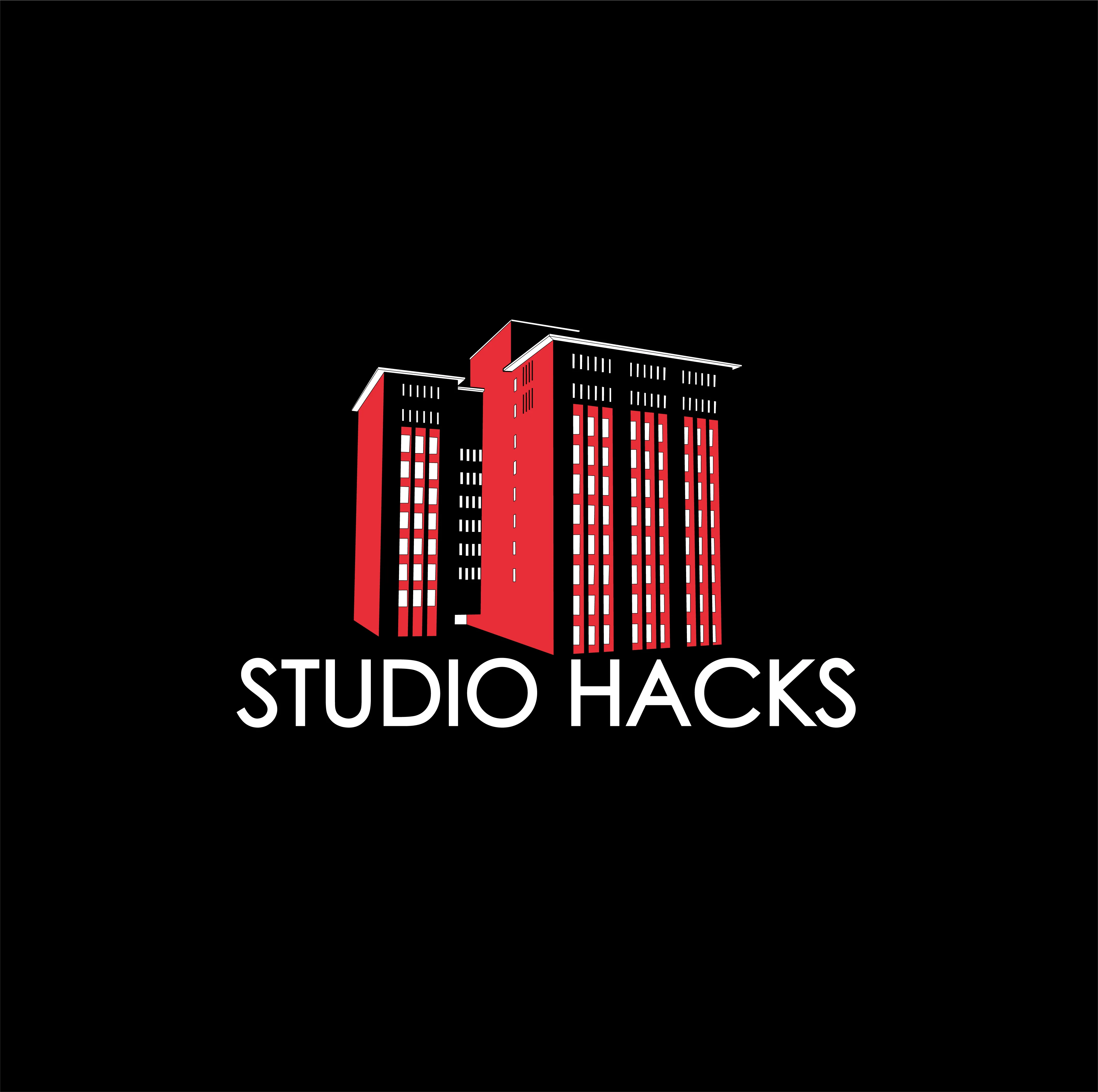 Studio Hacks logo. A red, black, and white rendering of college building above the text Studio Hacks