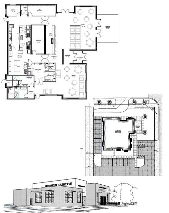 Floorplan and exterior drawing of Crafthouse Gastropub