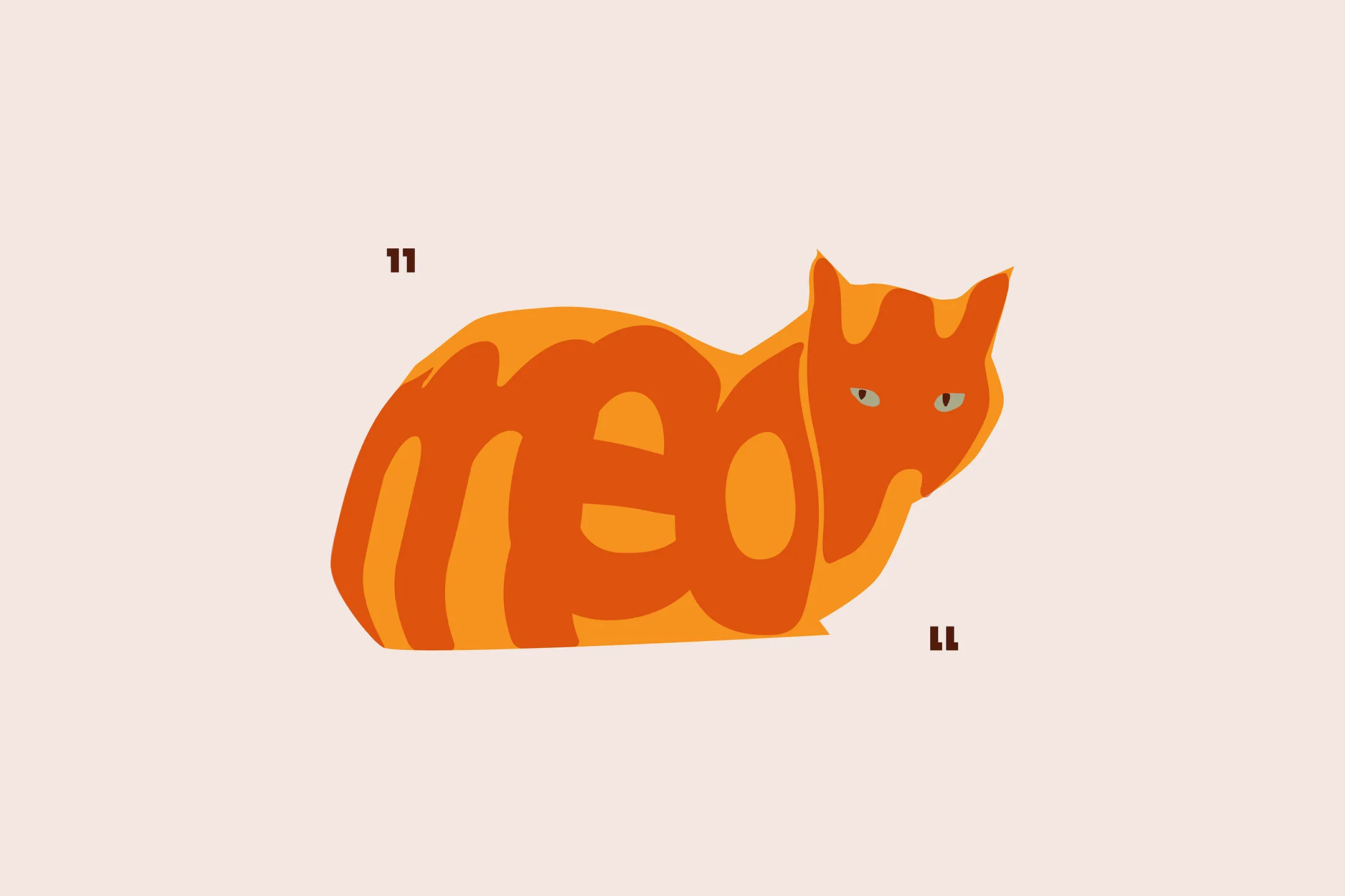 An orange tabby cat with the stripes being made from the word MEOW.