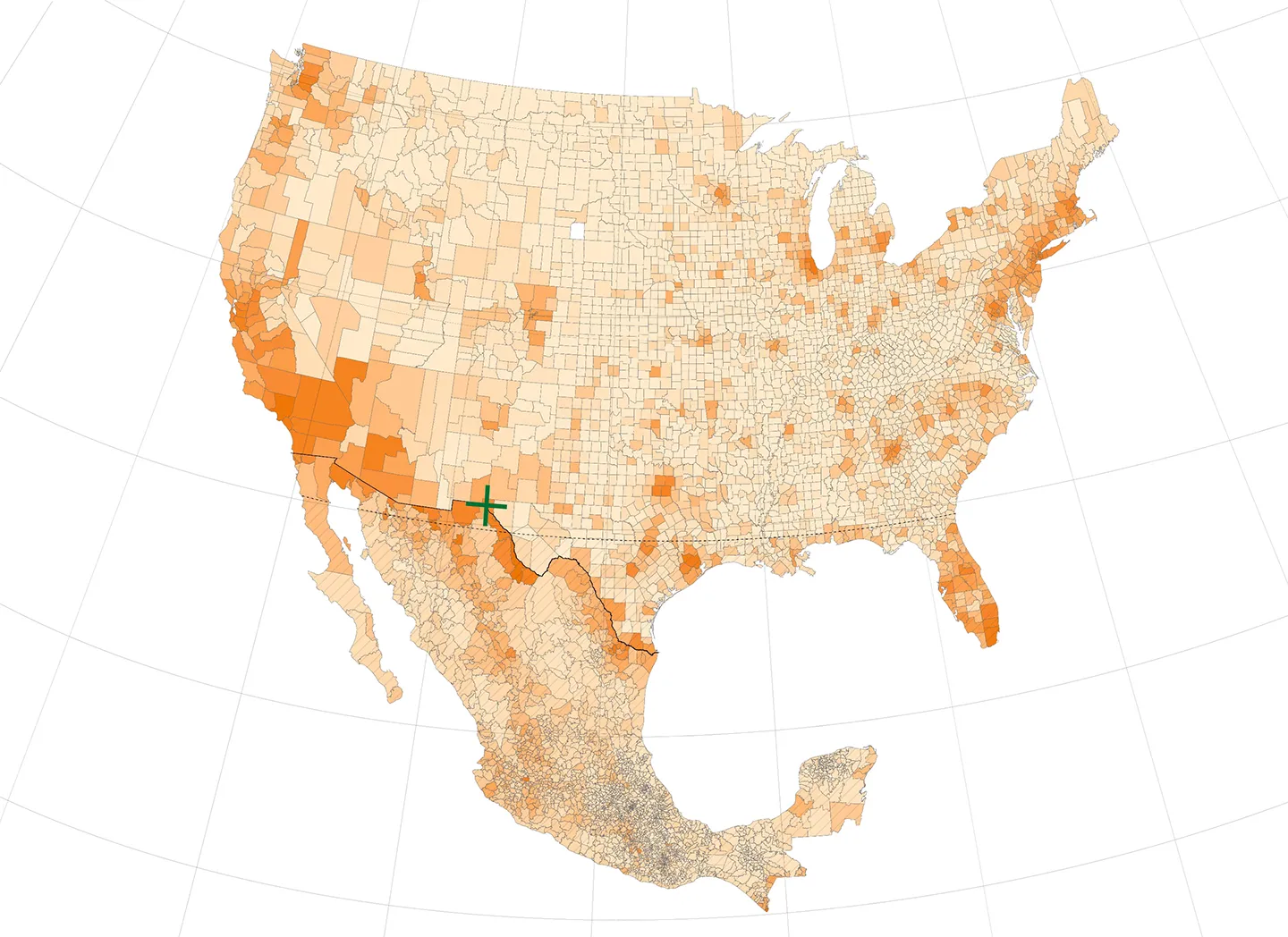 Map projection of the mainland United States and Mexico, with a green crosshair over El Paso.