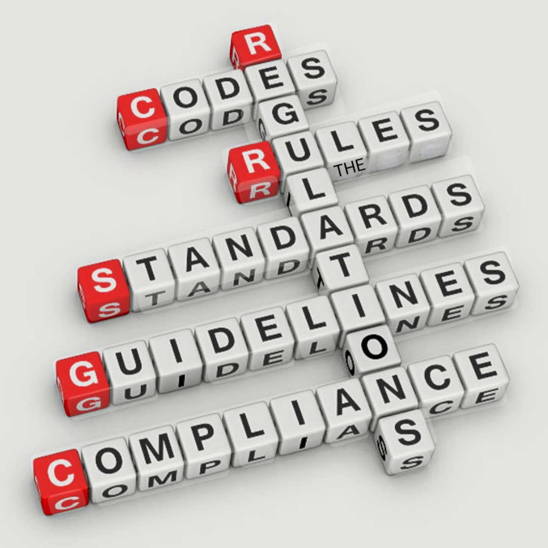 Blocks arranged in a crossword puzzle pattern with the words: Codes, Rules, Standards, Guidelines, Compliance, and Regulations.