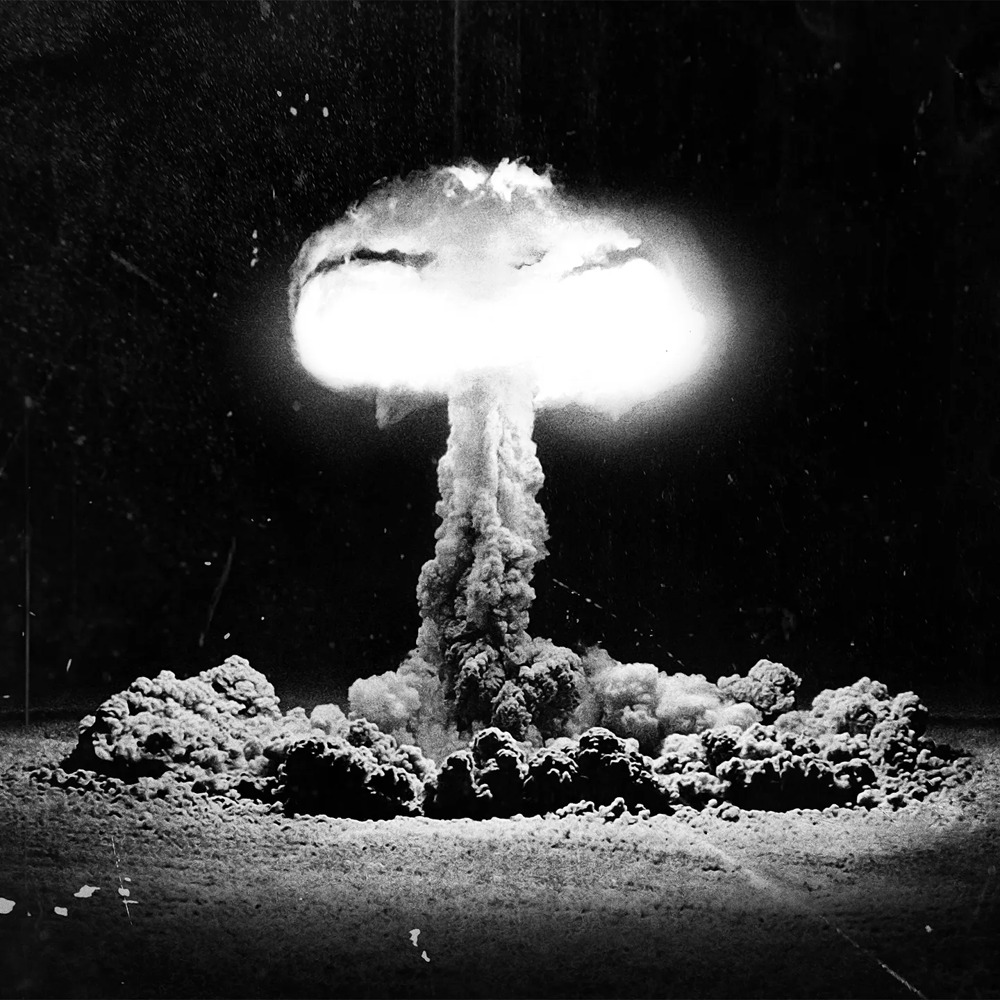 Mushroom cloud from an atom bomb detonation.